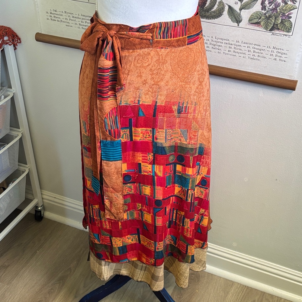 Women's Orange Silk Patchwork Midi Skirt - Boho Wrap Style Medium